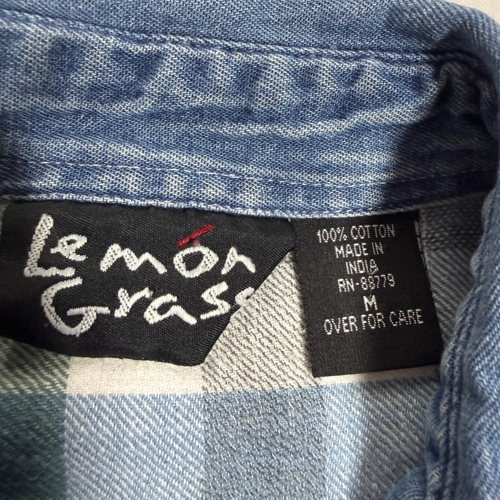 embroidered vintage Button Down Floral Denim MED Lemon Grass Women Plaid 90s - Picture 4 of 8
